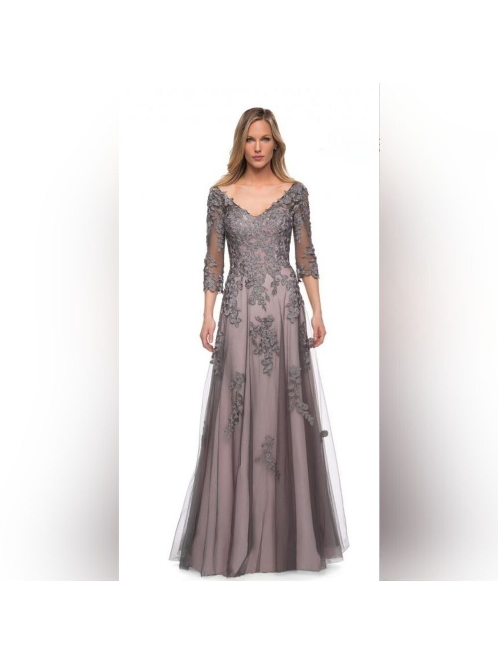La FemmeV-Neck Tulle & Lace Applique A-Line Gown Sz.2 Formal Mother of the Bride